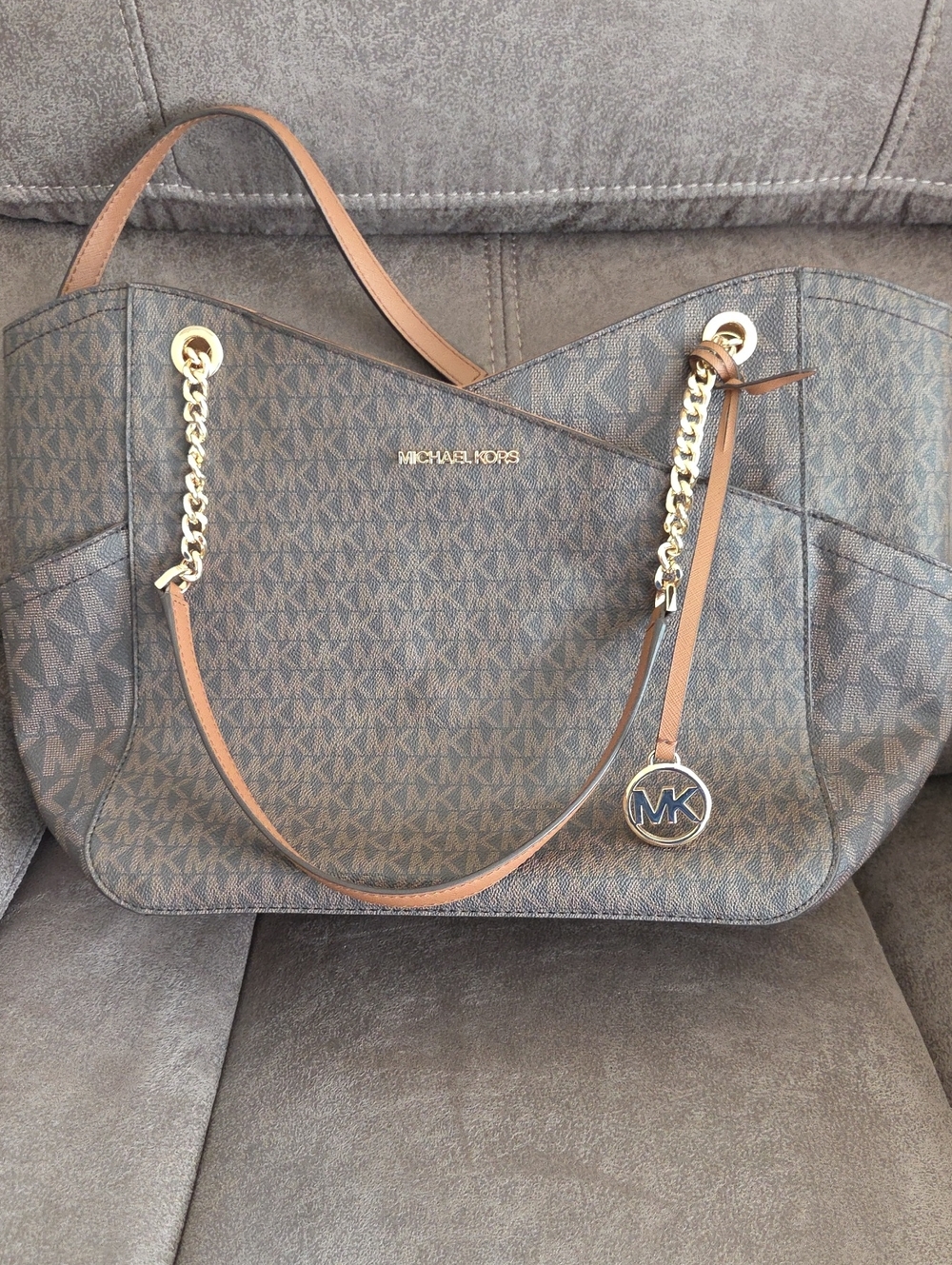 Michael Kors Brown/ Tan Signature MK Tote with Gold Accents